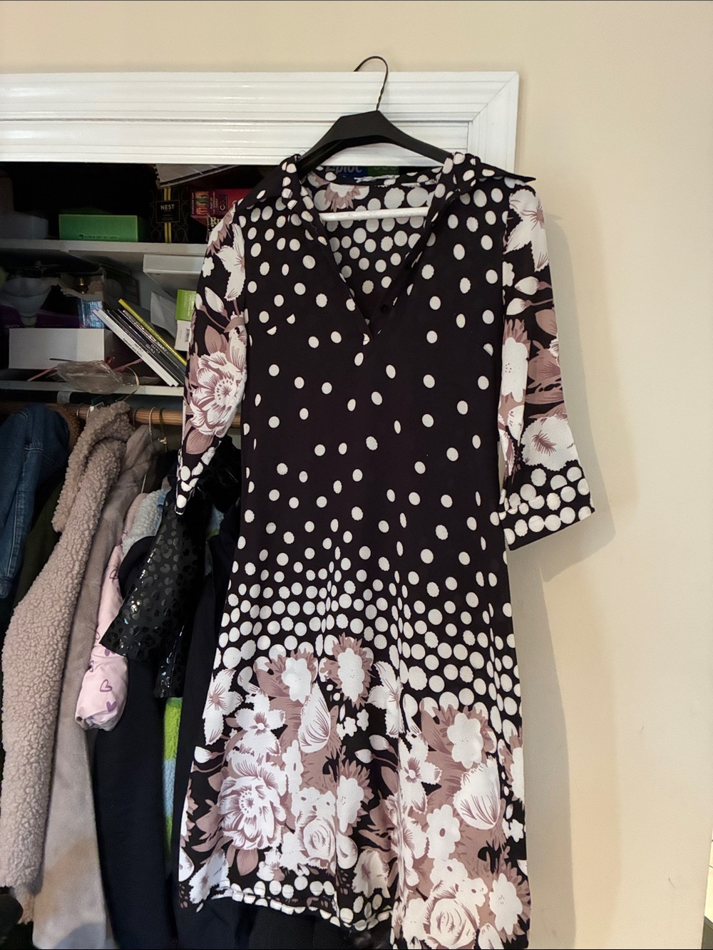 Black Polka Dot & Blush Floral V-Neck Midi Dress